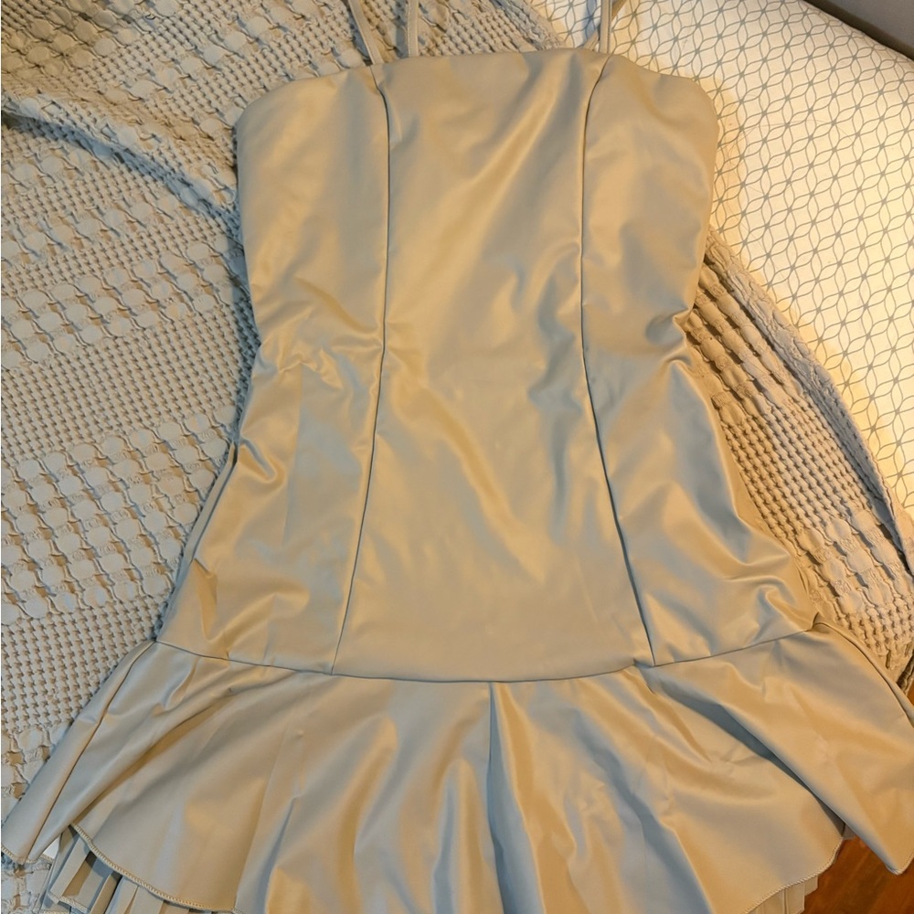Nude spaghetti strap Ruffle pleated hem faux leather mini dress, drop waist